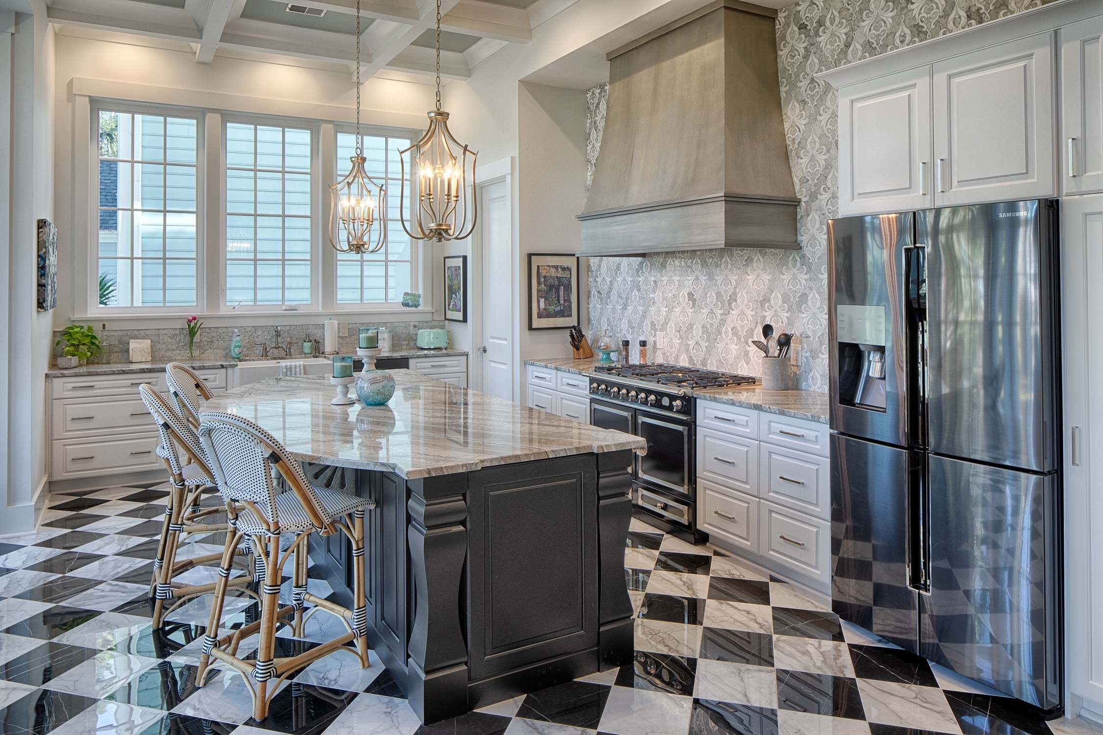 Checkerboard marble tile kitchen floor installation
